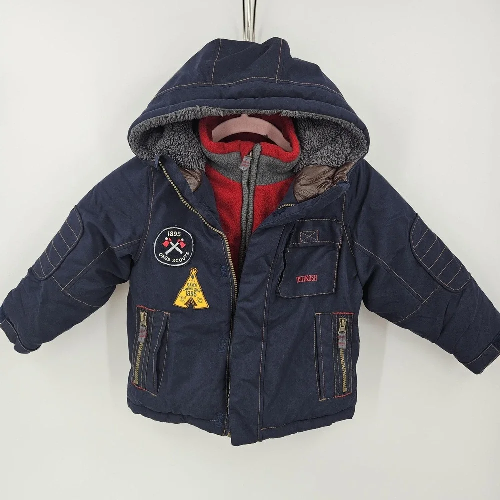 OshKosh B'gosh Jacket Boys 4 Navy Hooded Fleece Lined Parka Patches B213JS2-SA‎